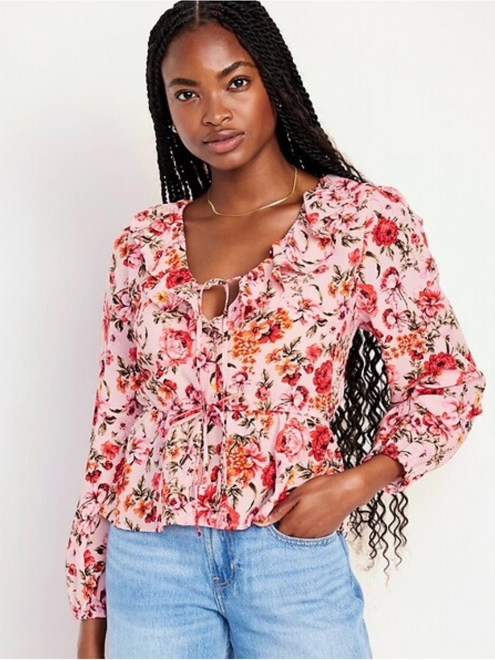 Old Navy Waist-Defined Ruffle-Trim Peplum Floral Blouse Top Boho Cottagecore L